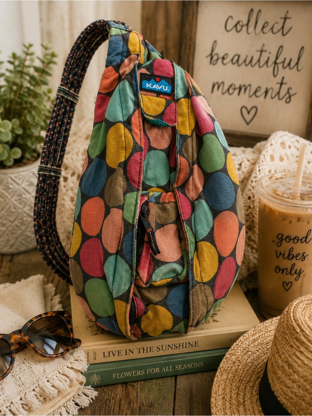 KAVU Original Rope Bag Sling Crossbody Backpack Retired Got Dots Pattern Canvas